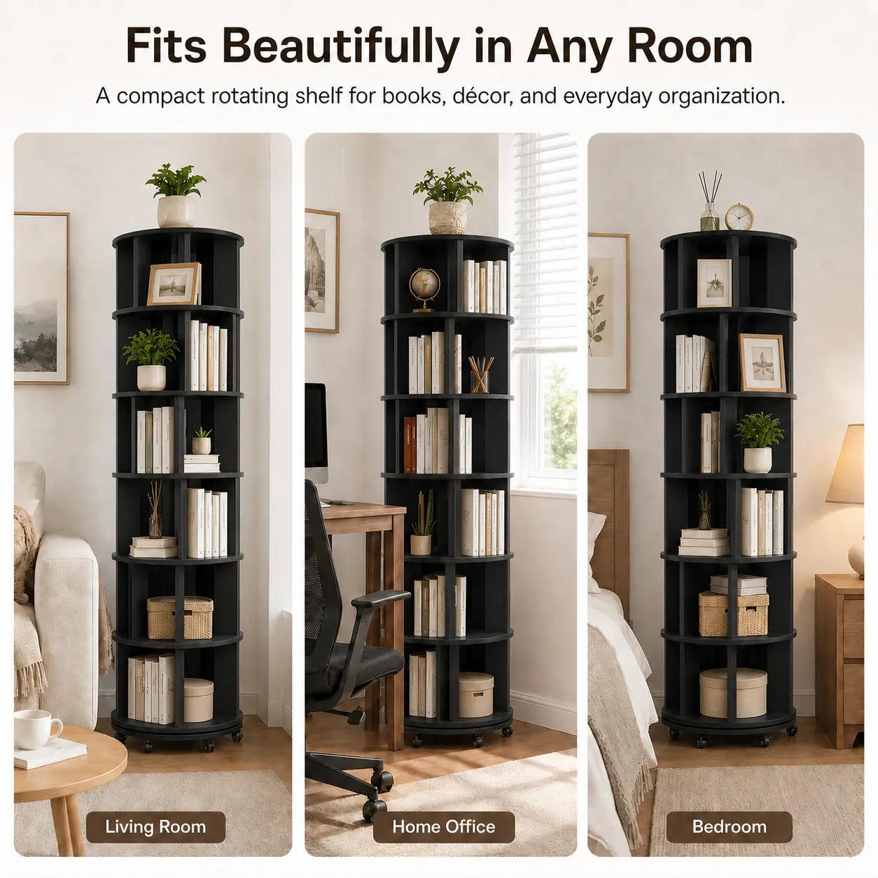 6 Tier Rotating Bookshelf Tower, Solid Wood 360° Spinning Book Shelf on Wheels