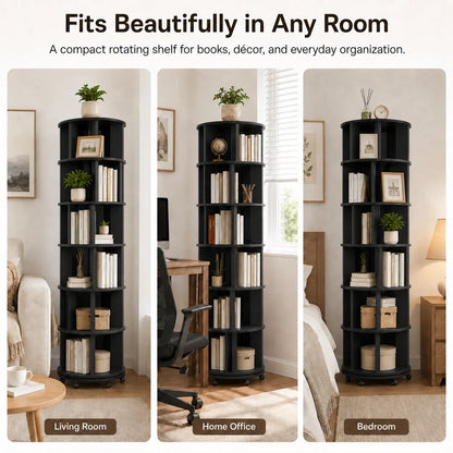 6 Tier Rotating Bookshelf Tower, Solid Wood 360° Spinning Book Shelf on Wheels