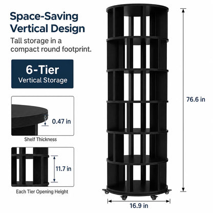 6 Tier Rotating Bookshelf Tower, Solid Wood 360° Spinning Book Shelf on Wheels