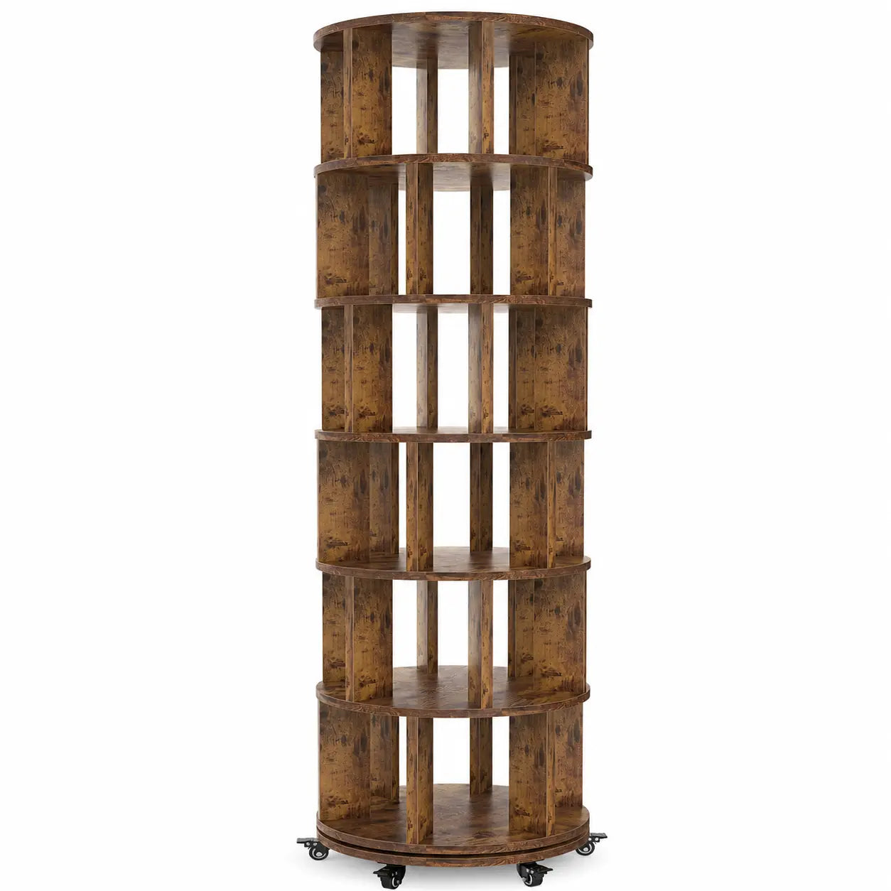 6 Tier Rotating Bookshelf Tower, Solid Wood 360° Spinning Book Shelf on Wheels