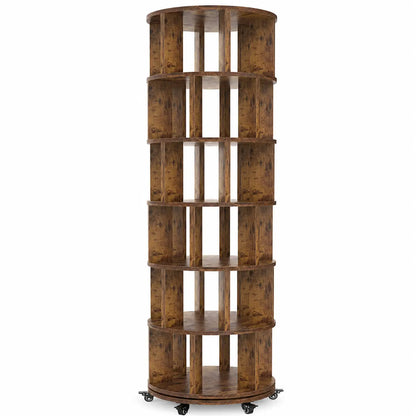 6 Tier Rotating Bookshelf Tower, Solid Wood 360° Spinning Book Shelf on Wheels