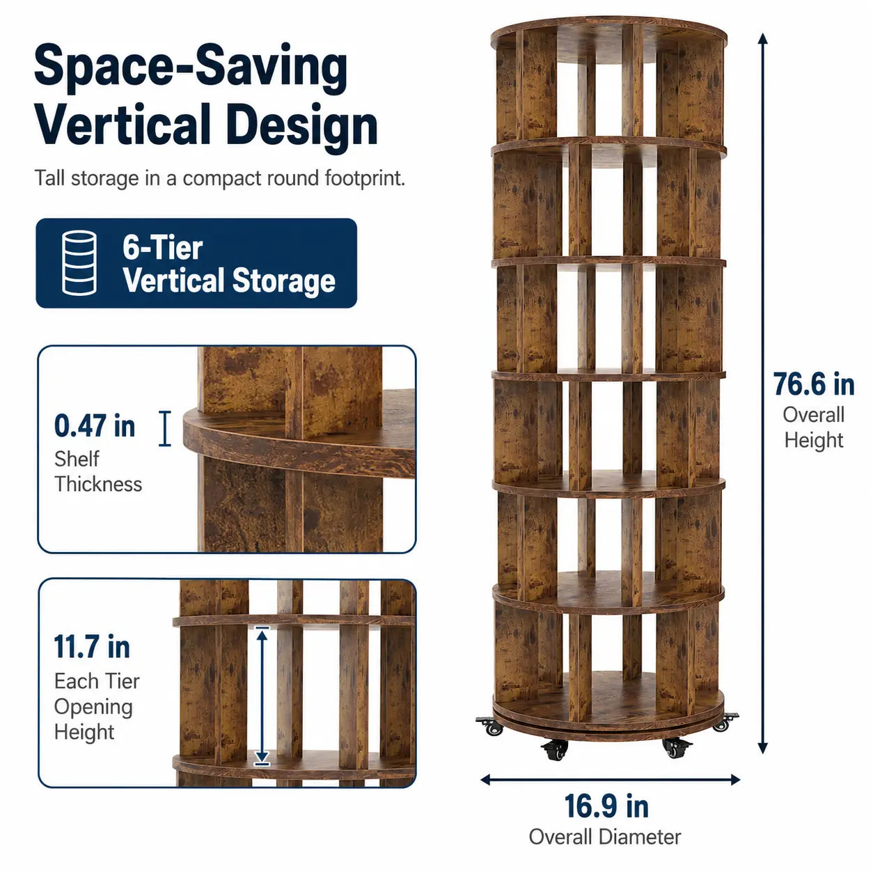 6 Tier Rotating Bookshelf Tower, Solid Wood 360° Spinning Book Shelf on Wheels