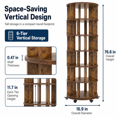 6 Tier Rotating Bookshelf Tower, Solid Wood 360° Spinning Book Shelf on Wheels