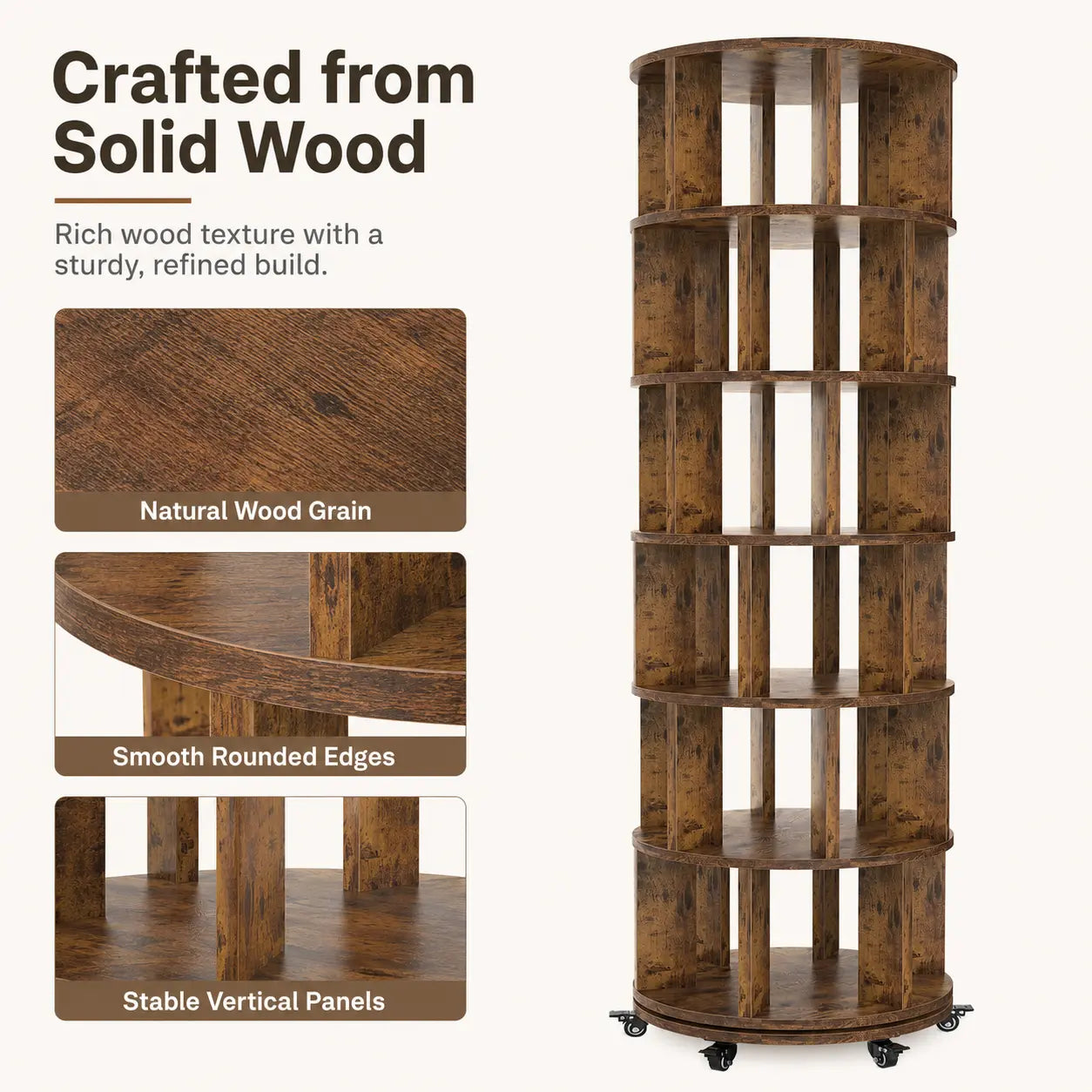 6 Tier Rotating Bookshelf Tower, Solid Wood 360° Spinning Book Shelf on Wheels