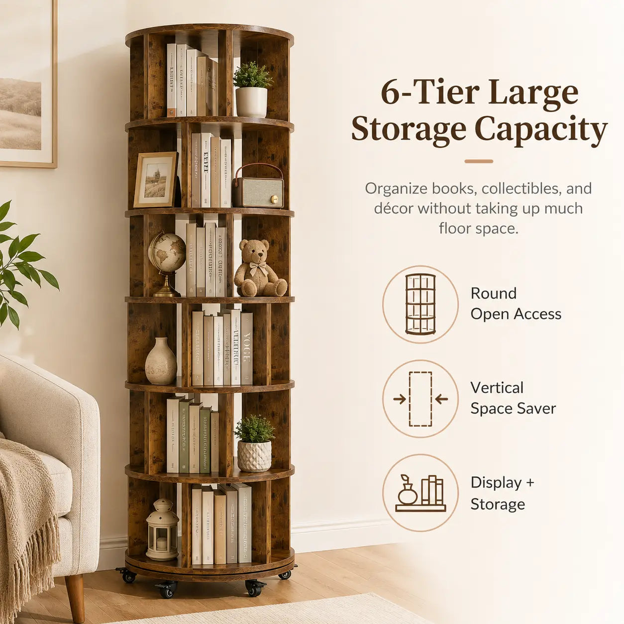 6 Tier Rotating Bookshelf Tower, Solid Wood 360° Spinning Book Shelf on Wheels