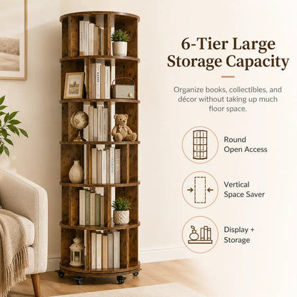 6 Tier Rotating Bookshelf Tower, Solid Wood 360° Spinning Book Shelf on Wheels