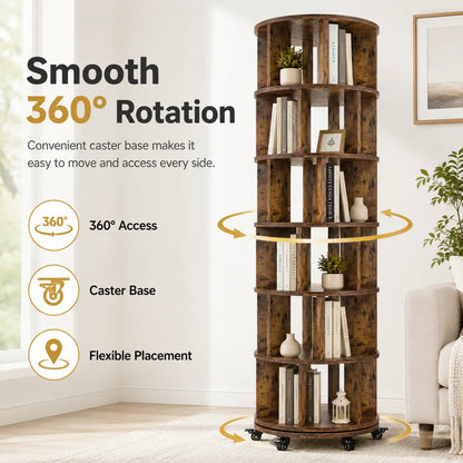 6 Tier Rotating Bookshelf Tower, Solid Wood 360° Spinning Book Shelf on Wheels