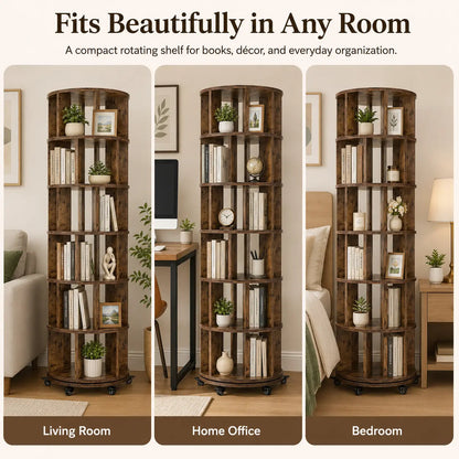 6 Tier Rotating Bookshelf Tower, Solid Wood 360° Spinning Book Shelf on Wheels