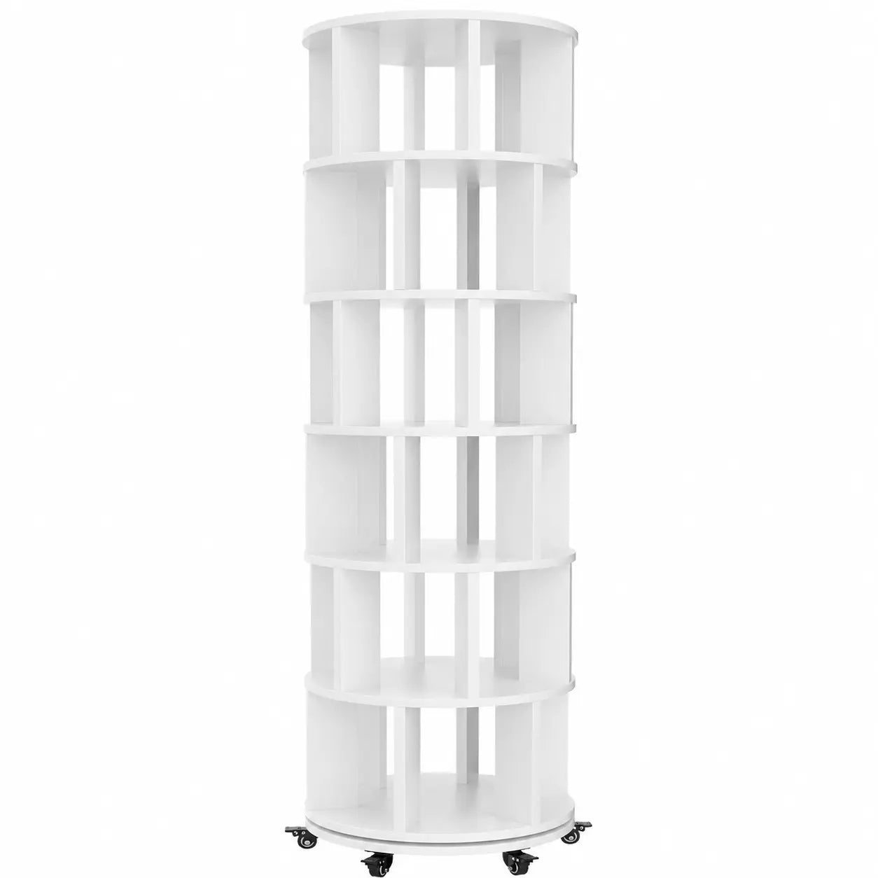 6 Tier Rotating Bookshelf Tower, Solid Wood 360° Spinning Book Shelf on Wheels