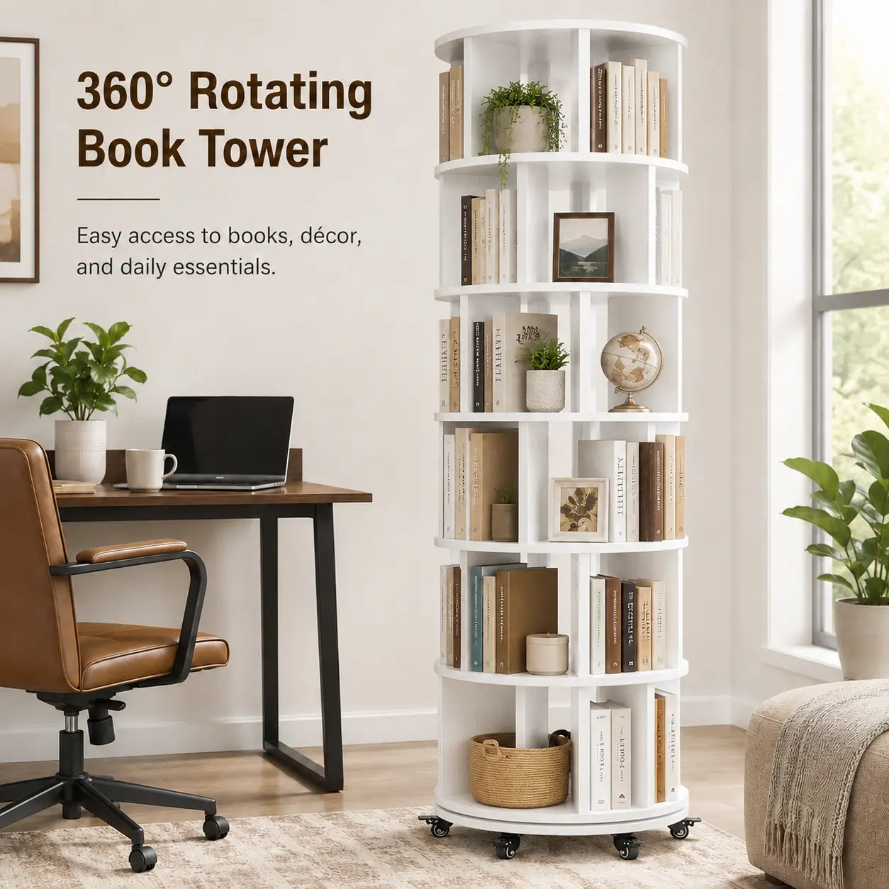 6 Tier Rotating Bookshelf Tower, Solid Wood 360° Spinning Book Shelf on Wheels