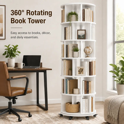 6 Tier Rotating Bookshelf Tower, Solid Wood 360° Spinning Book Shelf on Wheels