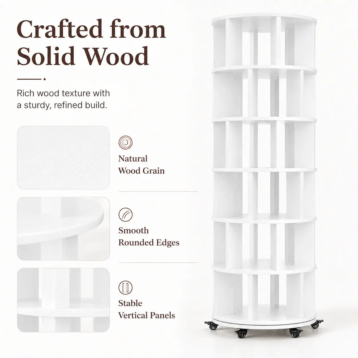 6 Tier Rotating Bookshelf Tower, Solid Wood 360° Spinning Book Shelf on Wheels