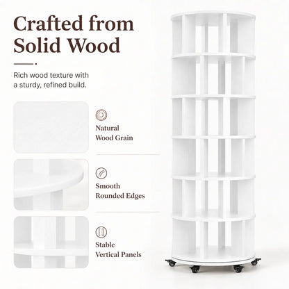 6 Tier Rotating Bookshelf Tower, Solid Wood 360° Spinning Book Shelf on Wheels