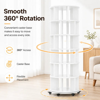 6 Tier Rotating Bookshelf Tower, Solid Wood 360° Spinning Book Shelf on Wheels