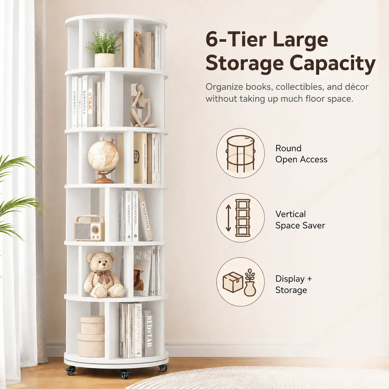 6 Tier Rotating Bookshelf Tower, Solid Wood 360° Spinning Book Shelf on Wheels