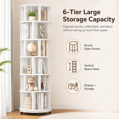 6 Tier Rotating Bookshelf Tower, Solid Wood 360° Spinning Book Shelf on Wheels