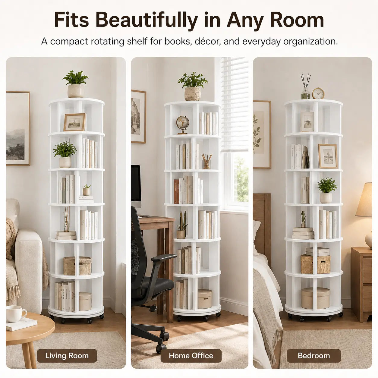 6 Tier Rotating Bookshelf Tower, Solid Wood 360° Spinning Book Shelf on Wheels