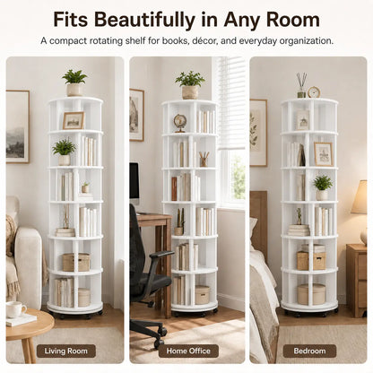 6 Tier Rotating Bookshelf Tower, Solid Wood 360° Spinning Book Shelf on Wheels