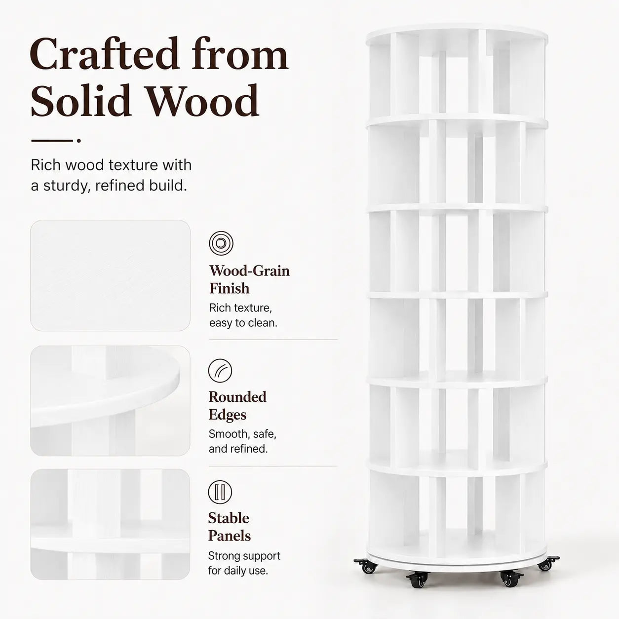 6 Tier Rotating Bookshelf Tower, Solid Wood 360° Spinning Book Shelf on Wheels