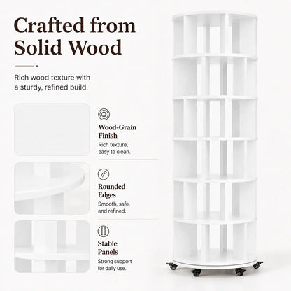 6 Tier Rotating Bookshelf Tower, Solid Wood 360° Spinning Book Shelf on Wheels