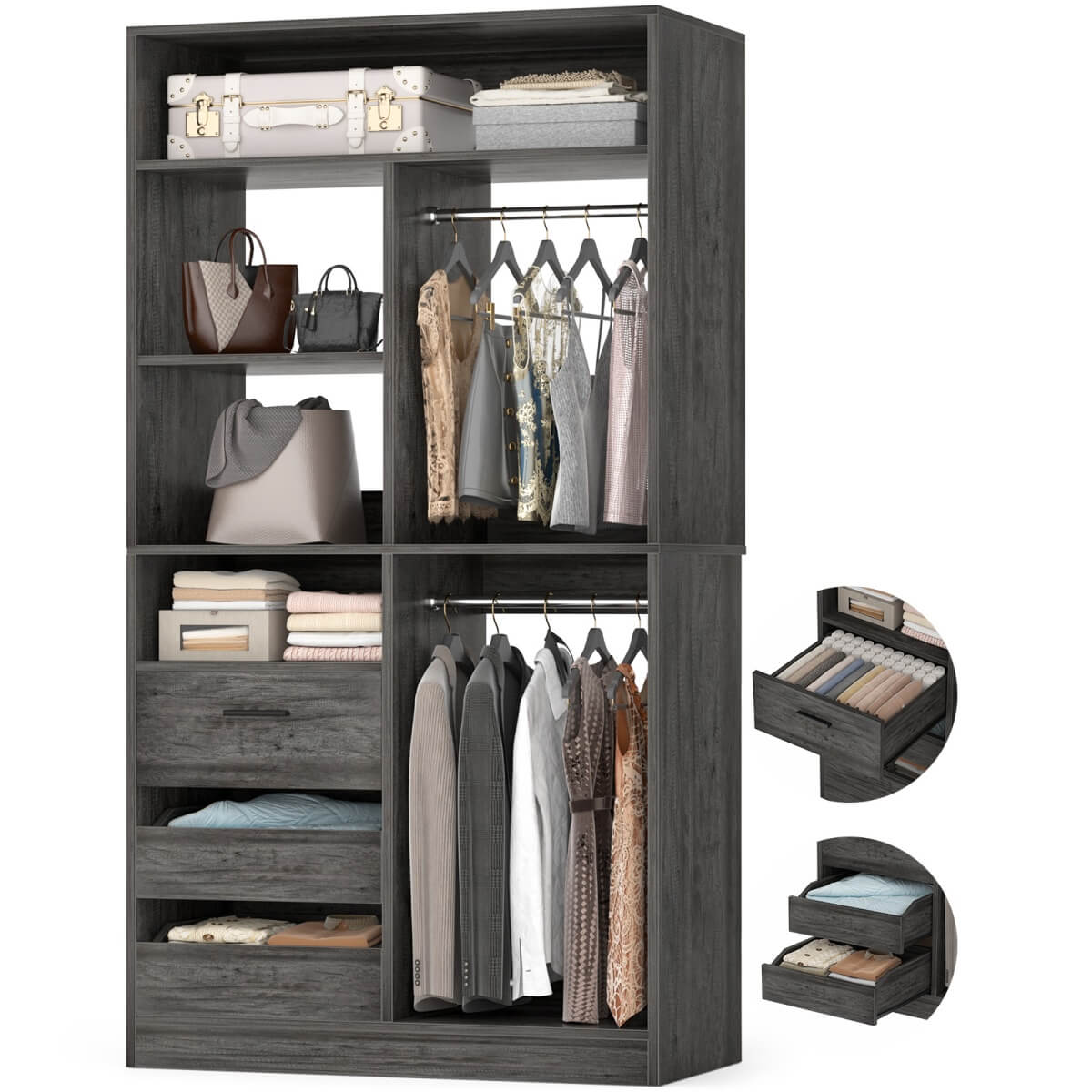 36 Inch Freestanding Walk In Closet System with 2 Drawers & Hanging Rods