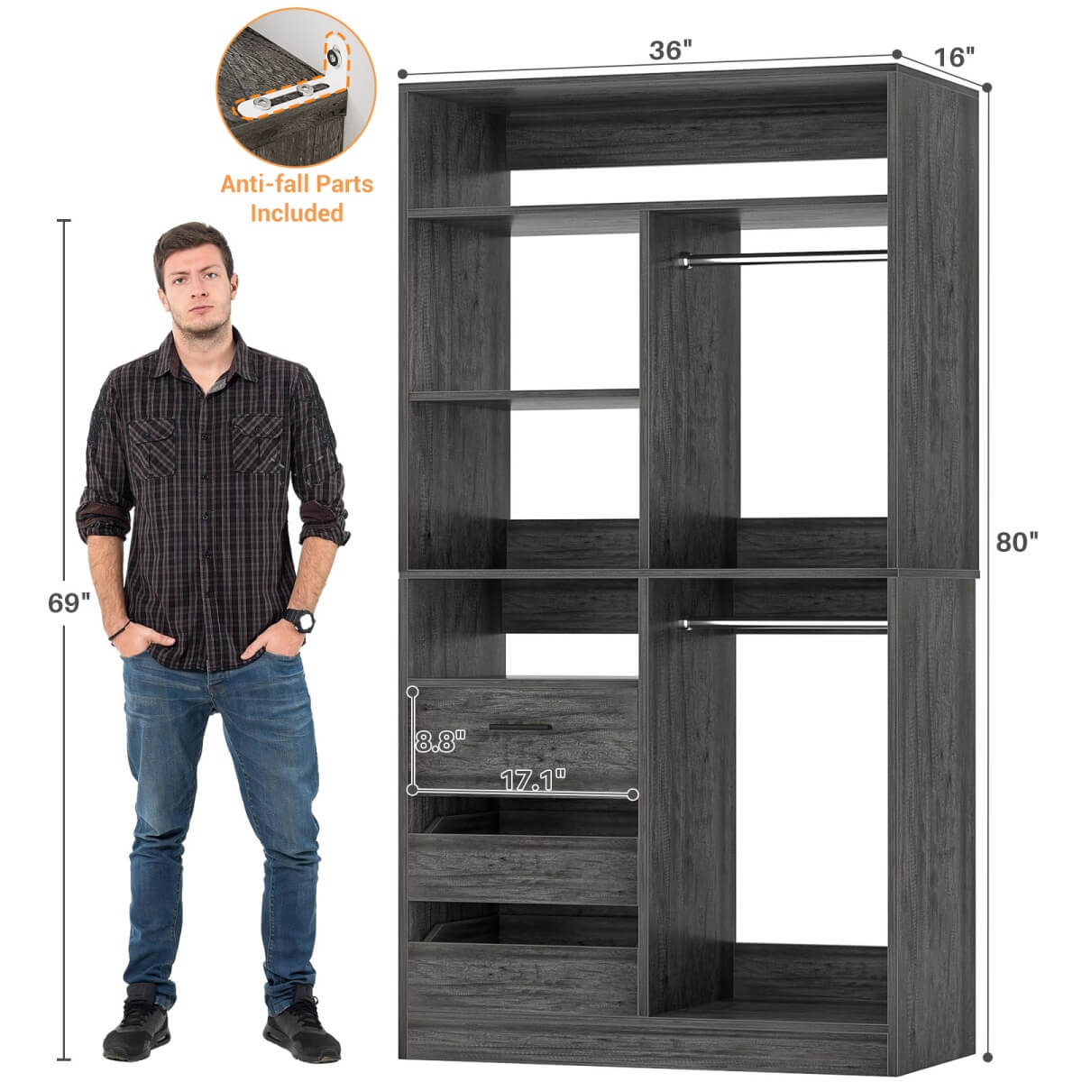 36 Inch Freestanding Walk In Closet System with 2 Drawers & Hanging Rods