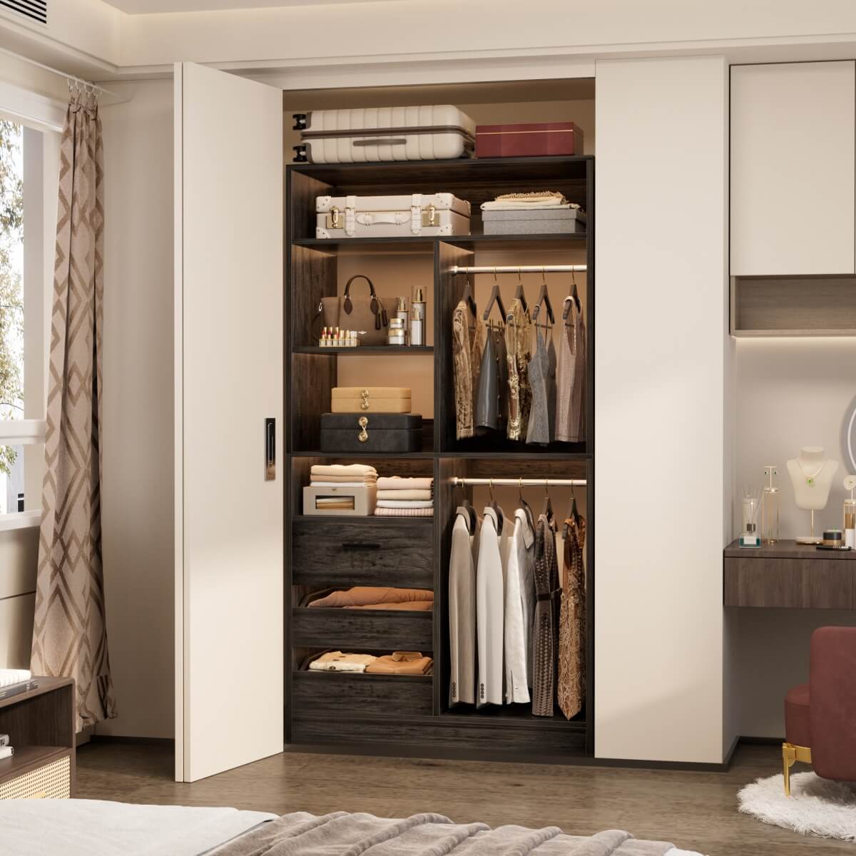 36 Inch Freestanding Walk In Closet System with 2 Drawers & Hanging Rods