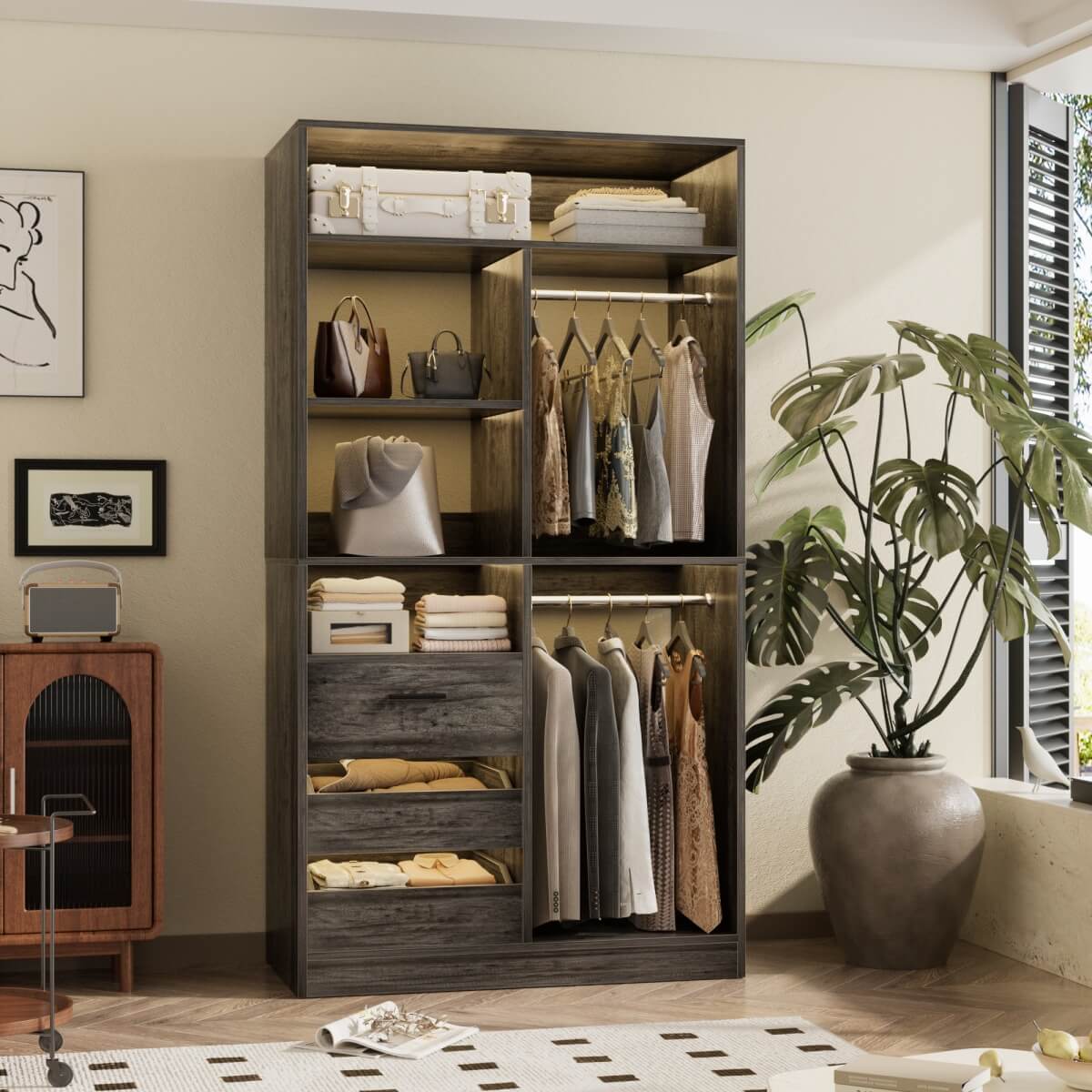 36 Inch Freestanding Walk In Closet System with 2 Drawers & Hanging Rods