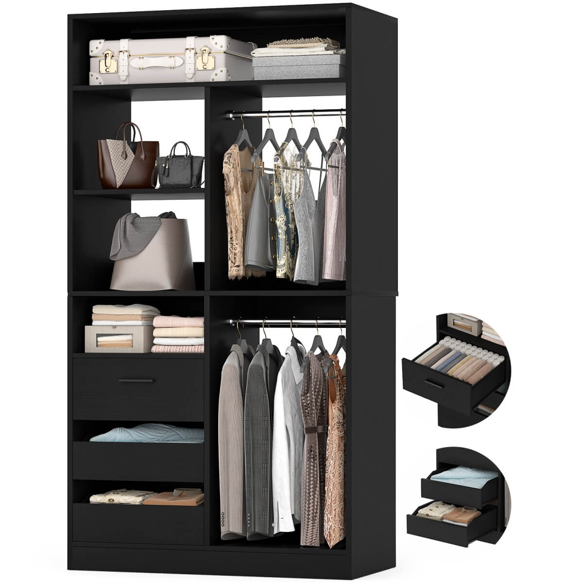 36 Inch Freestanding Walk In Closet System with 2 Drawers & Hanging Rods