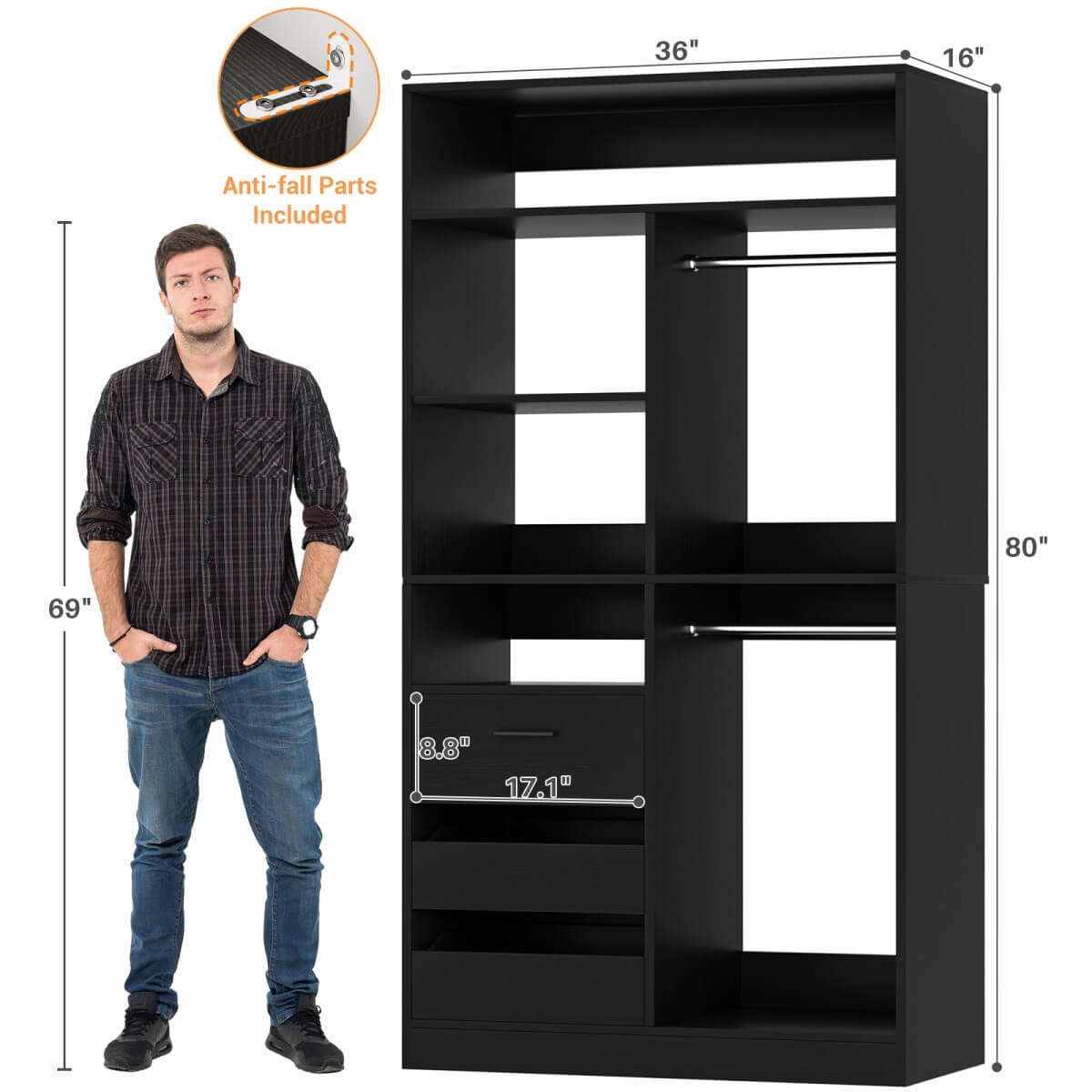 36 Inch Freestanding Walk In Closet System with 2 Drawers & Hanging Rods