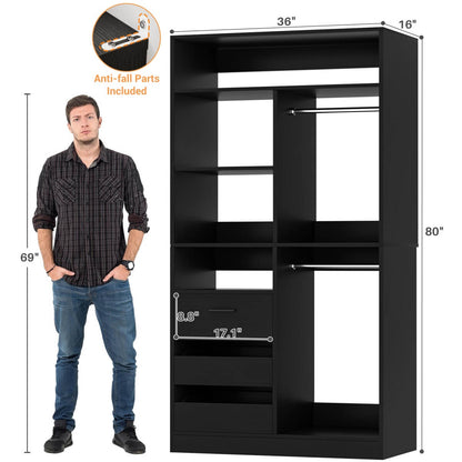 36 Inch Freestanding Walk In Closet System with 2 Drawers & Hanging Rods