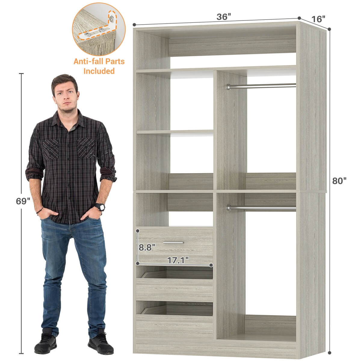 36 Inch Freestanding Walk In Closet System with 2 Drawers & Hanging Rods