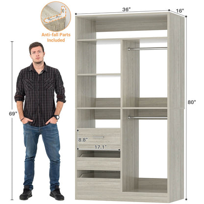 36 Inch Freestanding Walk In Closet System with 2 Drawers & Hanging Rods
