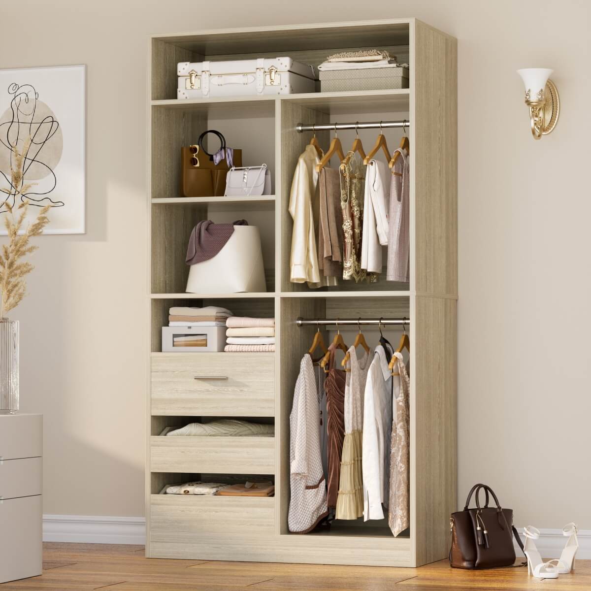 36 Inch Freestanding Walk In Closet System with 2 Drawers & Hanging Rods