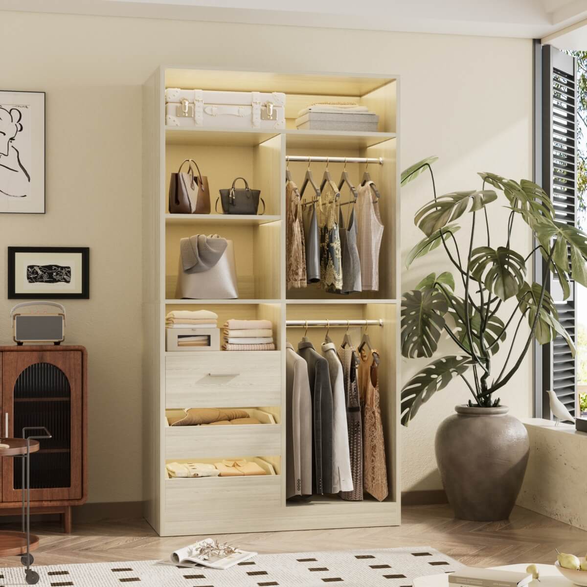 36 Inch Freestanding Walk In Closet System with 2 Drawers & Hanging Rods