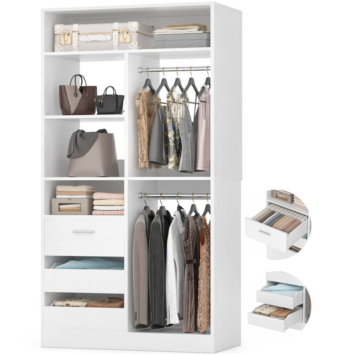 36 Inch Freestanding Walk In Closet System with 2 Drawers & Hanging Rods