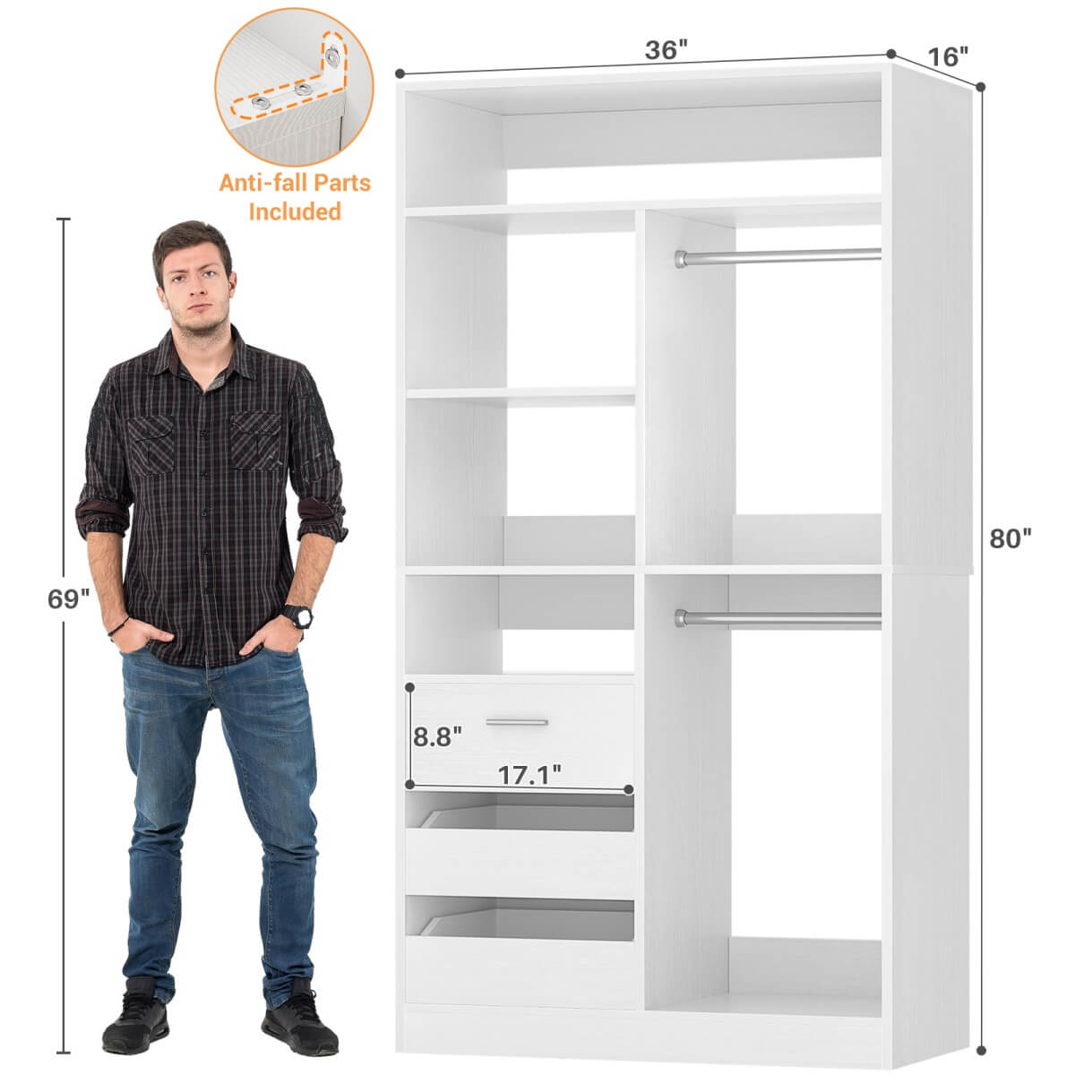 36 Inch Freestanding Walk In Closet System with 2 Drawers & Hanging Rods