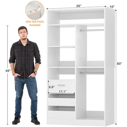 36 Inch Freestanding Walk In Closet System with 2 Drawers & Hanging Rods