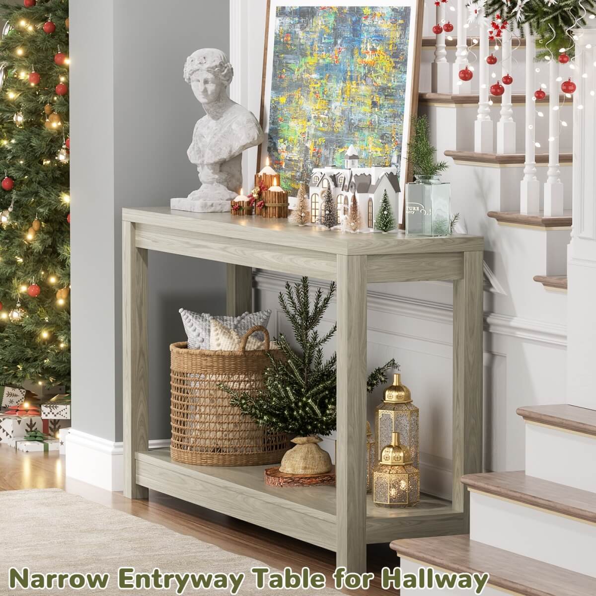 32 Inch Small Farmhouse Wood  Narrow Console Table
