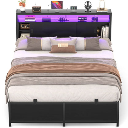 Bed Frame with Storage Slide Door Headboard, Built In Outlet and LED Lights