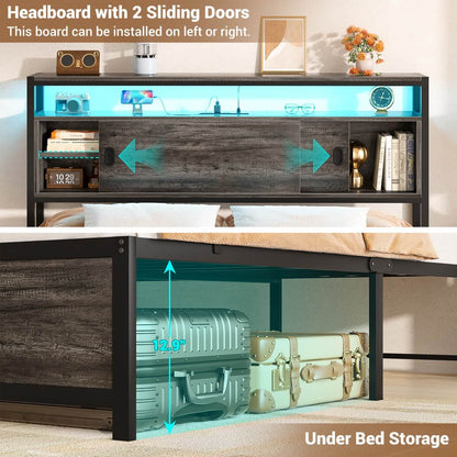 Bed Frame with Storage Slide Door Headboard, Built In Outlet and LED Lights