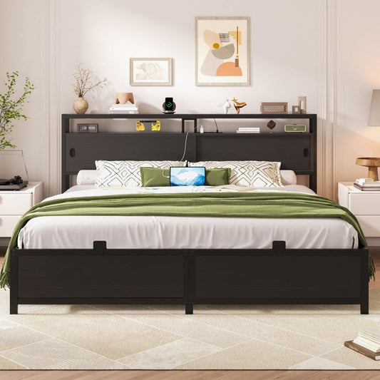 Bed Frame with Storage Slide Door Headboard, Built In Outlet and LED Lights