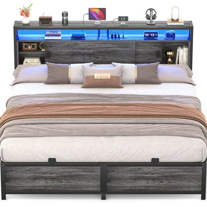 Bed Frame with Storage Slide Door Headboard, Built In Outlet and LED Lights
