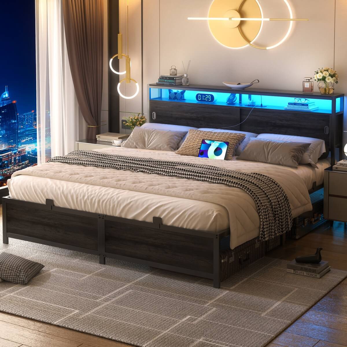 Bed Frame with Storage Slide Door Headboard, Built In Outlet and LED Lights