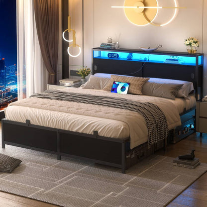 Bed Frame with Storage Slide Door Headboard, Built In Outlet and LED Lights