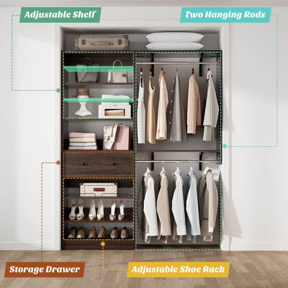 5FT Wood Closet Organizer System with 2 Hanging Rods and Adjustable Shelf, Reversible
