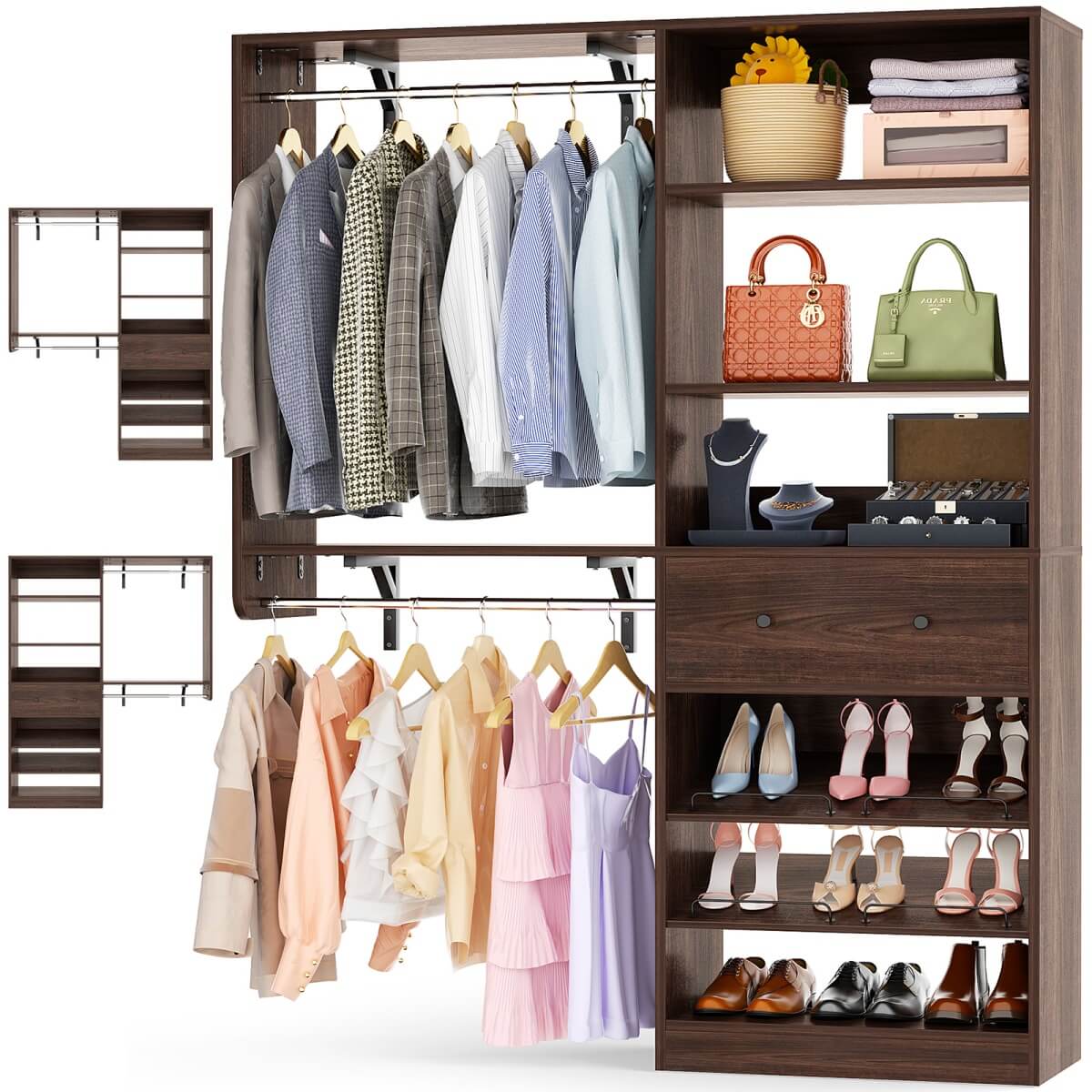 5FT Wood Closet Organizer System with 2 Hanging Rods and Adjustable Shelf, Reversible