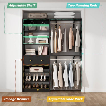 5FT Wood Closet Organizer System with 2 Hanging Rods and Adjustable Shelf, Reversible