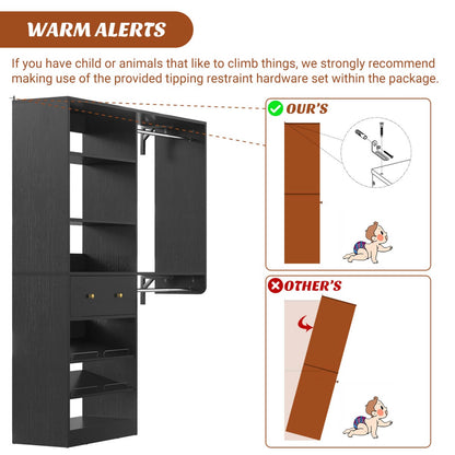 5FT Wood Closet Organizer System with 2 Hanging Rods and Adjustable Shelf, Reversible