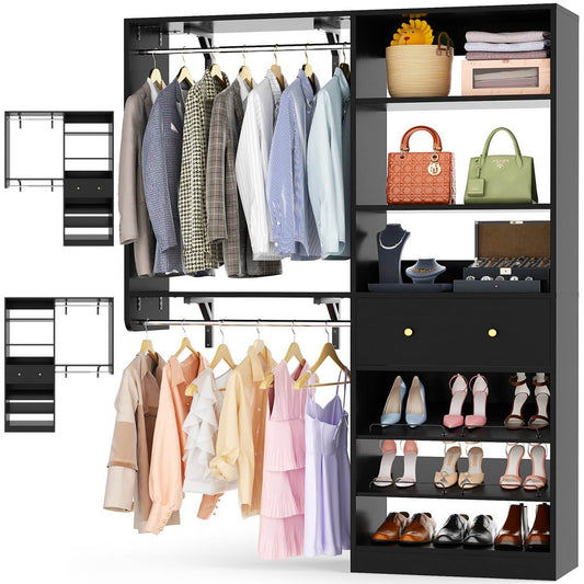 5FT Wood Closet Organizer System with 2 Hanging Rods and Adjustable Shelf, Reversible
